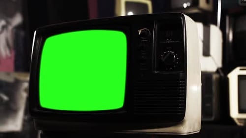 Old TV Set with Green Screen. Sepia Tone to Color.