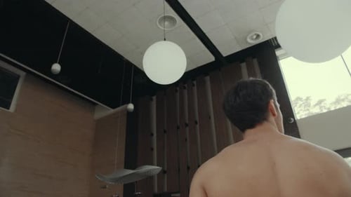 Bottom View Handsome Man Going Bar Spa Interior. Athletic Guy Talking Bartender