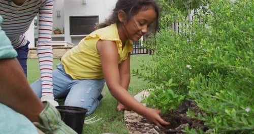 Hispanic girl with parents learning planting flowers in the garden