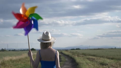 Girl in blue dress with pinwheel on country road in summer.
