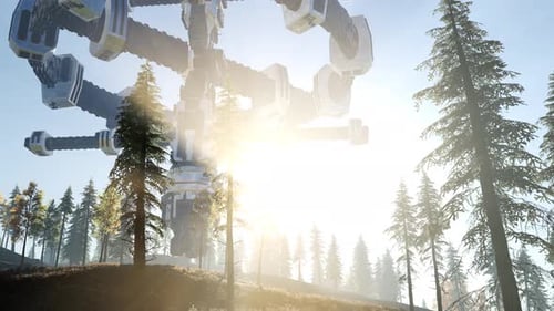 UFO Hovering Over a Forest at Sunset with Light Beam