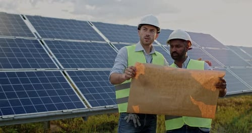 Male Diverse Engineers Talking and Checking Scheme Plan While Standing at Solar Energy Farm. Men in