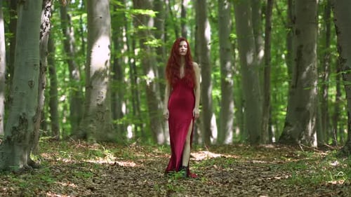 Redhead woman walking in a forest