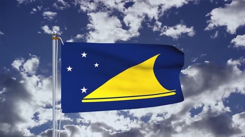 Tokelau National Flag Waving in Realistic Blue Sky