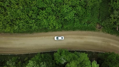 Aerial Top Down View of White Car Driving on Rural Road in Forest