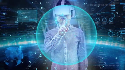 Young Adult Using VR Headset with Digital Interface