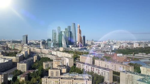 Aerial Panoramic Shot of the Business District in the City Center, Skyscrapers, Traffic and