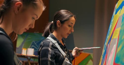 Friends Play in the Painting Studio Together Spending Time Creating a Masterpiece with Acrylic