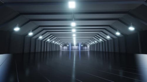 A large Empty Warehouse With Reflective Lights And Floor