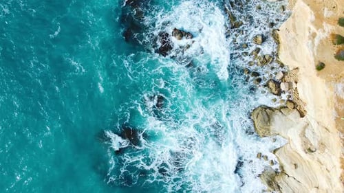 Pure Blue Ocean Water Waves Crash Mountain Beautiful Aerial Top View Landscape Cyprus