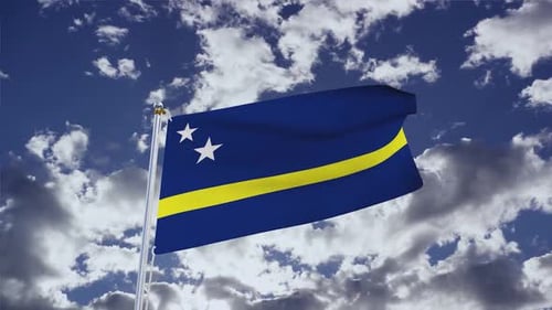 Curacao National Flag Waving with Cloudy Blue Sky Background