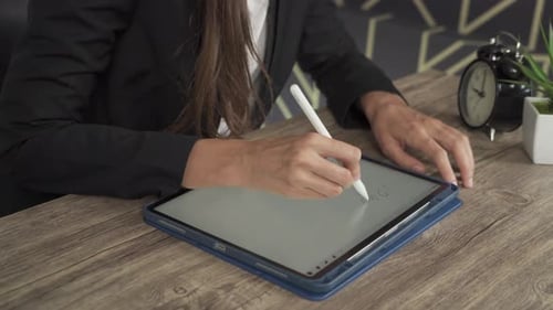 Smiling western business woman, white caucasian person working from home, writing a business