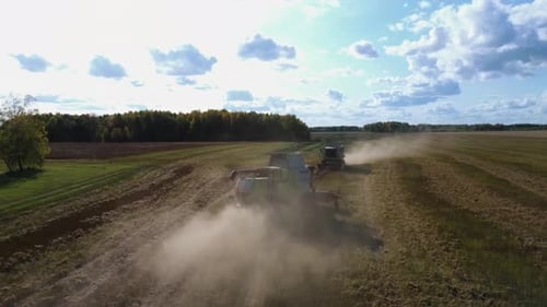 Aerial View of Two Combine Harvester Gathering Ripe Wheat