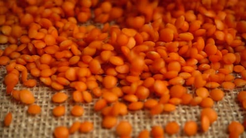 Bright Orange Lentils Poured on Burlap Surface