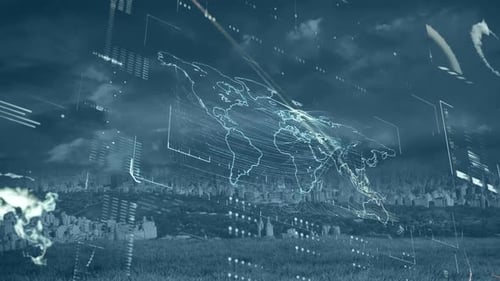 Animated Global Technology Network with Digital World Map and Data UI