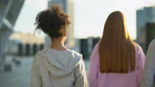 Stylish Millennial Walking City Street Together, Teenage Unity, Togetherness