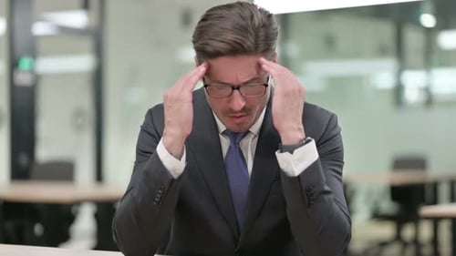 Stressed Businessman Massaging Temples at Office Desk