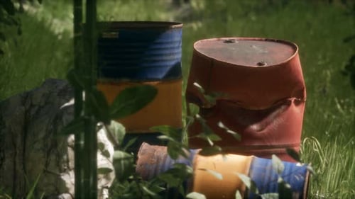 Rusty Barrels in Green Forest