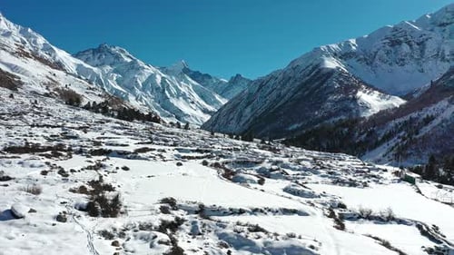 Aerial View of Beautiful Landscapes of Himachal Pradesh During Winters , Chitkul