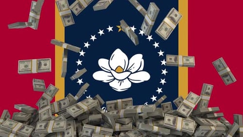 US Dollars falling in front of Mississippi State Flag