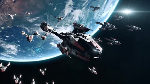 Futuristic Spaceship Fleet Patrols Earth Orbit