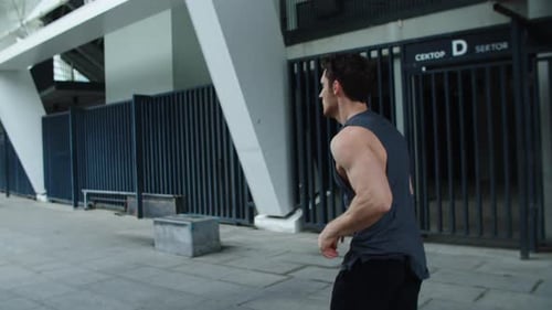 Athlete Man Training Obstacles Run on City Street, Fitness Guy Jogging Outdoor