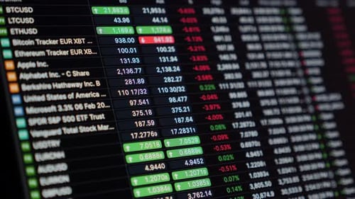 Tables with data and stock prices. Online trading. Stock exchange market digits