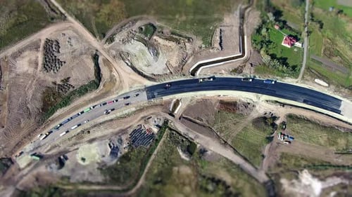 Top Aerial View Making New Asphalt at Road Construction