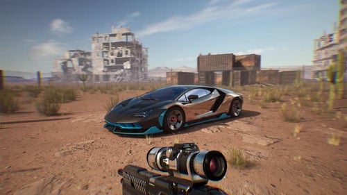 4K fake shooter and racing gameplay. Getting to the city through the desert at daytime