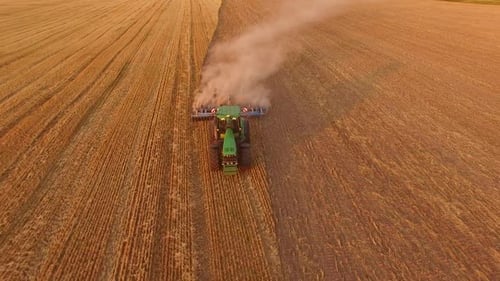 Tractor Plowing Field, Aerial View