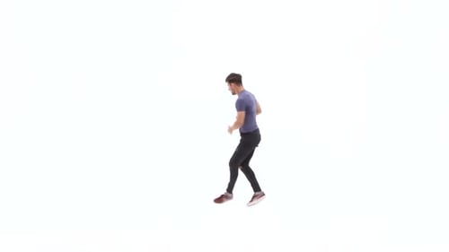 Man Is Dancing Breakdance auf weißem Hintergrund in schlichtem grauem T-Shirt und grauen Jeans