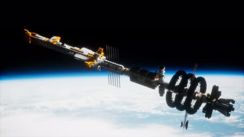 Gran nave espacial en la órbita terrestre