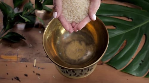 Female Hand Pouring White Brown Rice Closeup Close Up Pour Woman in Metal Bowl Before Cooking Slow