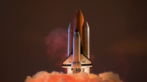 Space Shuttle Model Launching on Red Lit Smoke