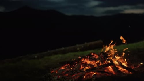 Closeup Camp Fire Burning in Dark Evening Night Mountains Landscape Nature