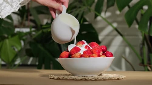 Fresh Strawberries with Cream, Indoor Scene