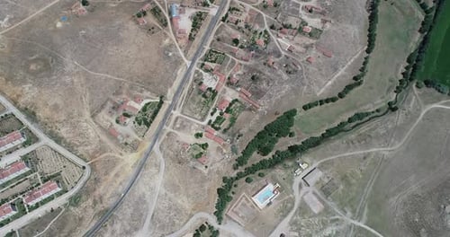 Village Lake And Vast Field Aerial View