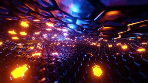 Flying through a tunnel with waves and neon light. Infinitely looped animation.