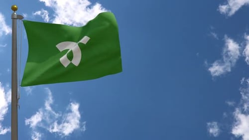 Green Flag with Abstract Emblem Waving in Blue Sky