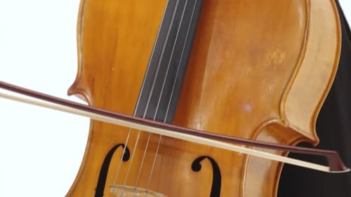 Woman Hand Playing Violoncello with Cello Bow. Close Up