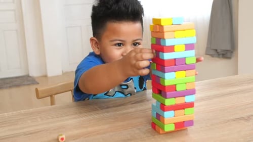 Little Boy Play Wood Block Tower Game