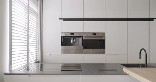 Modern Kitchen Room in Minimalist Apartment with Dining Area of Natural Wood