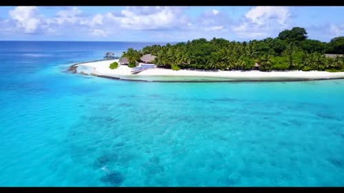 Aerial flying over texture of tranquil shore beach vacation by transparent ocean and white sand back