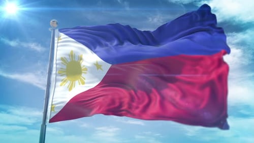 Realistic 3D Philippine Flag Waving in Blue Sky with Sun