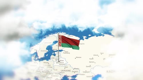 Waving Belarus Flag Over Animated European Map