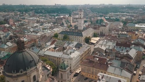 Aerial Drone Video of European City Lviv, Ukraine. Rynok Square, Central Town Hall, Dominican Church