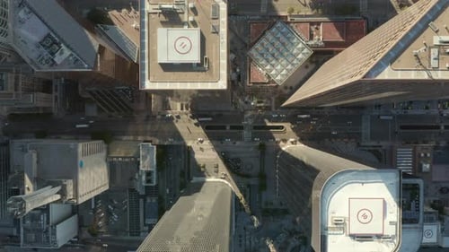 AERIAL Slow Uplifting Birds Eye View Flight Over Downtown Los Angeles California Grand Avenue in