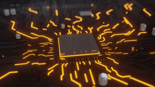 Animated Processor Chip on Circuit Board with Glowing Data Lines