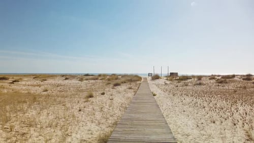 Weathered Boardwalk to Beach and Ocean on Sunny Day
