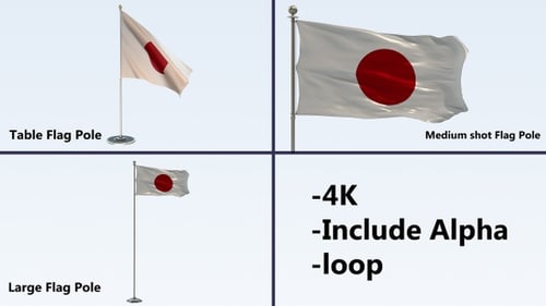 Animated Japan Flag Waving on Pole with Alpha Channel
